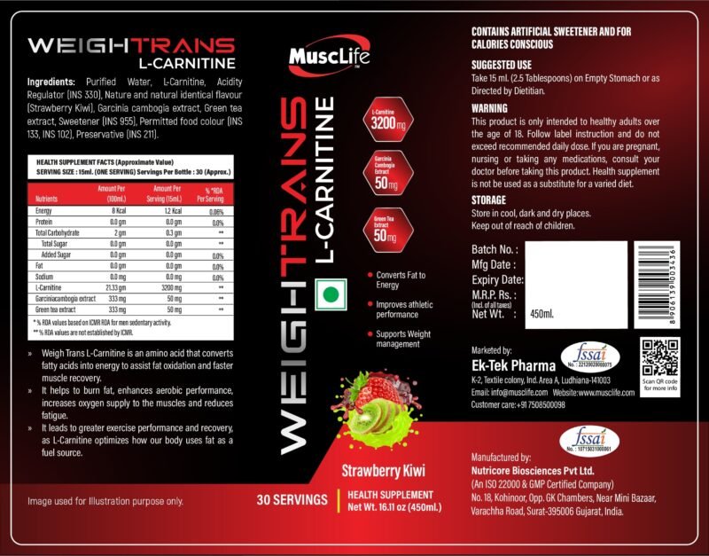 Musclife WeighTrans L Carnitine | 450ml Liquid | Strawberry Kiwi - Image 2