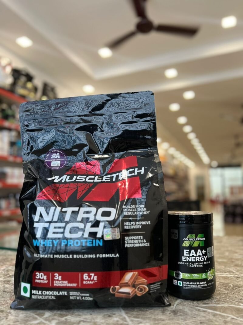 Nitrotech Combo | 4kg Whey + Muscletech EAA + Energy | Bcca amino acids | strength & performance