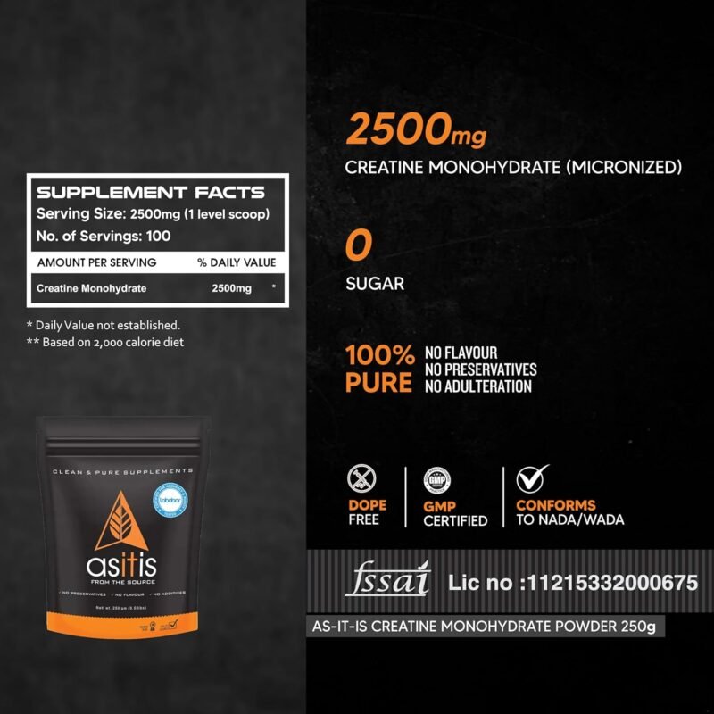 AS-IT-IS Creatine Monohydrate 250g | 100 Servings | No Preservatives - Image 3