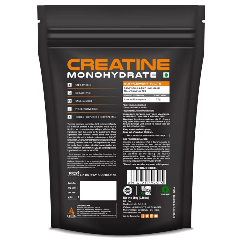 AS-IT-IS Creatine Monohydrate 250g | 100 Servings | No Preservatives - Image 2