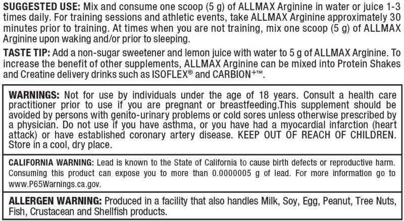Arginine HCL ALLMAX - 80 Servings | Pure Amino Acid Support - Image 2
