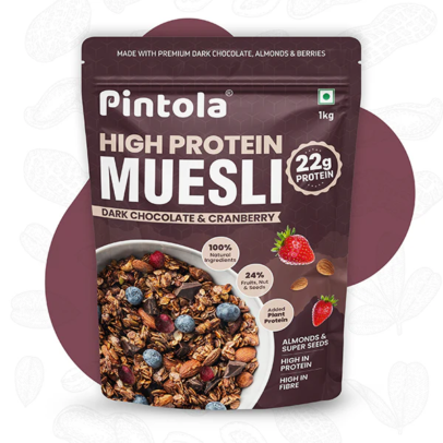 Pintola High Protein Muesli 1 kg | Dark Chocolate Flavor | breakfast foods, almonds & super seeds | zero cholesterol and muscle repair