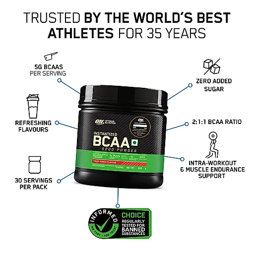 Optimum Nutrition BCAA, 250g, 30 Servings, Fruit Punch Flavour - Image 2